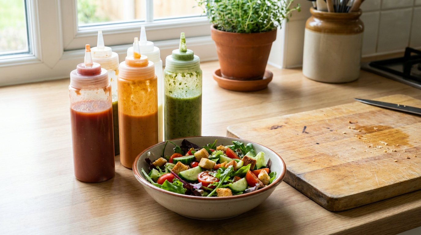 Knijpflessen met saus en dressing naast een schaal salade op het aanrecht thuis