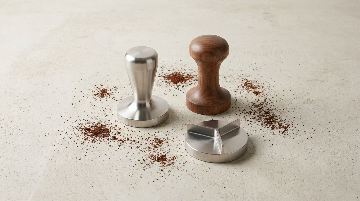 RVS tamper, houten tamper en leveling tool naast elkaar met gemalen koffie