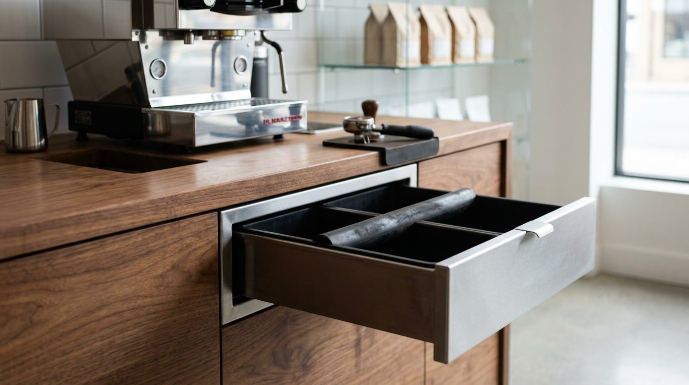 Inbouw knocklade in een houten werkblad, half open met de rubberen stang zichtbaar