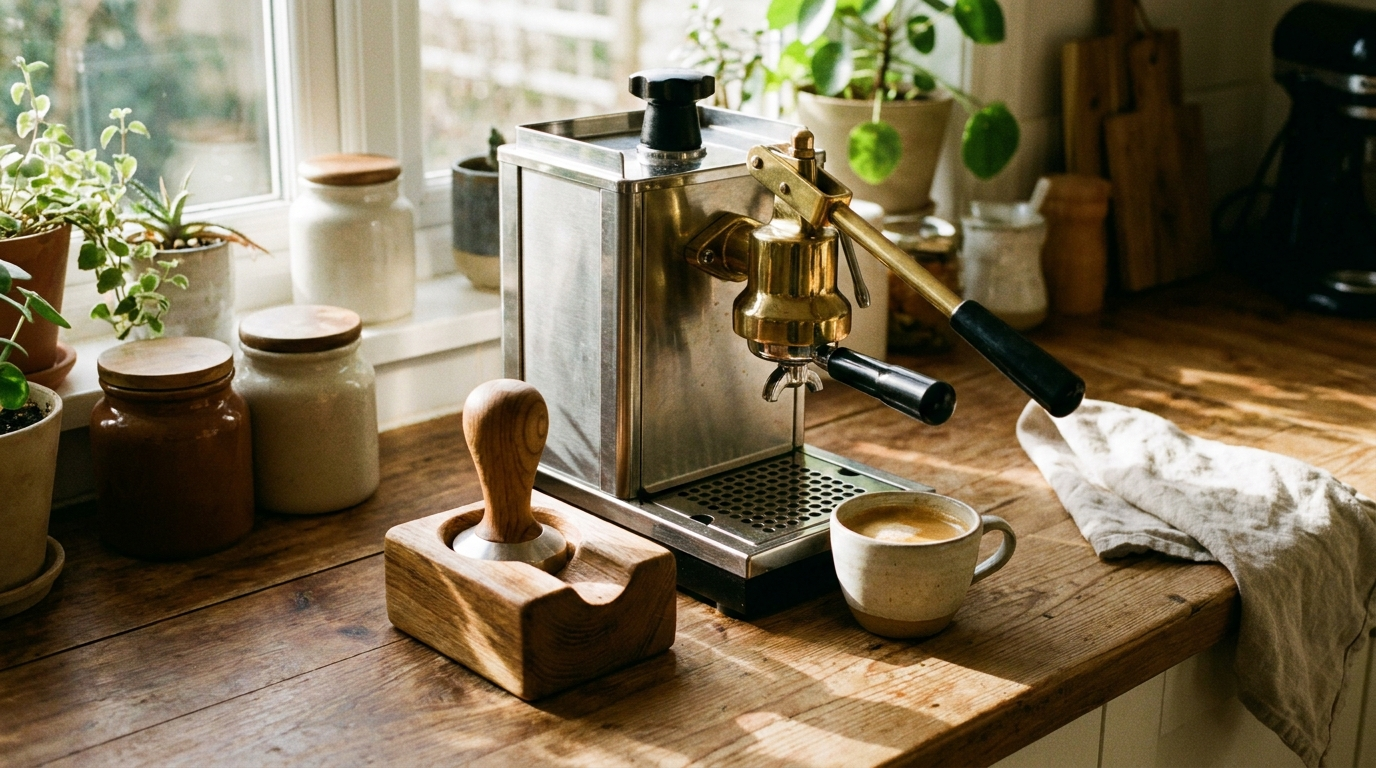 Houten tamper in de houder naast een espressomachine op het aanrecht thuis
