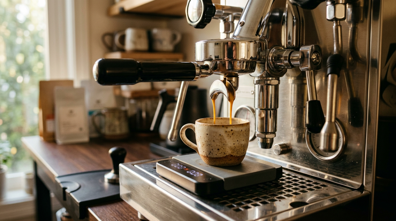 Koffieweegschaal met timer onder de filterdrager terwijl de espresso in het kopje loopt
