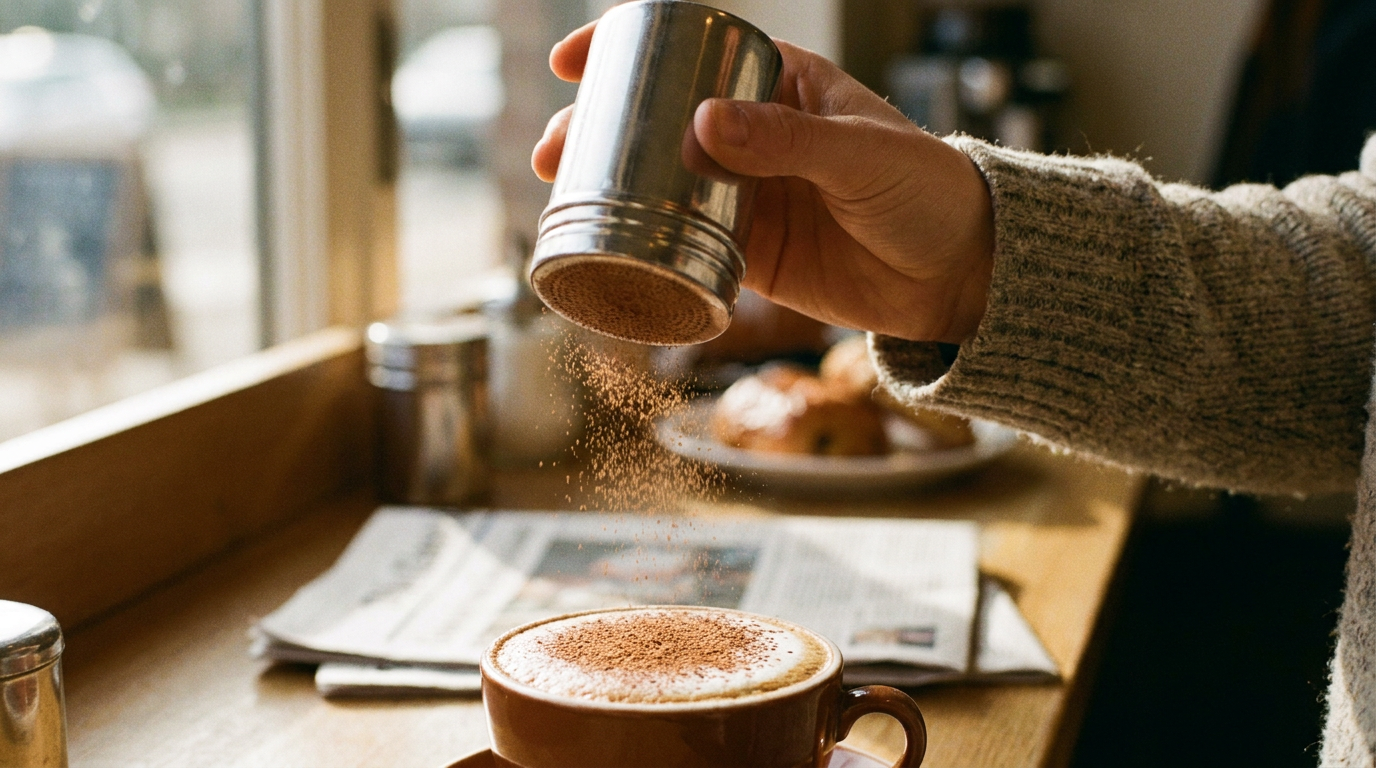 Cacao strooien uit een RVS strooier over een cappuccino