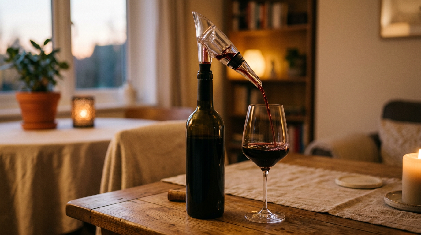 Wijnbeluchter met schenktuit in de hals van een fles rode wijn op de eettafel