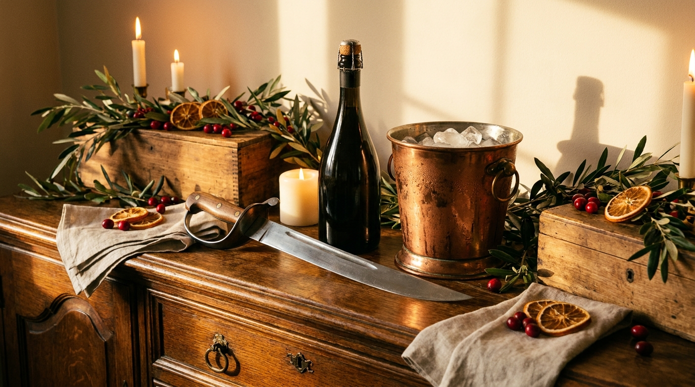 Champagnesabel, fles champagne en koperen koeler samen als geschenk op een dressoir
