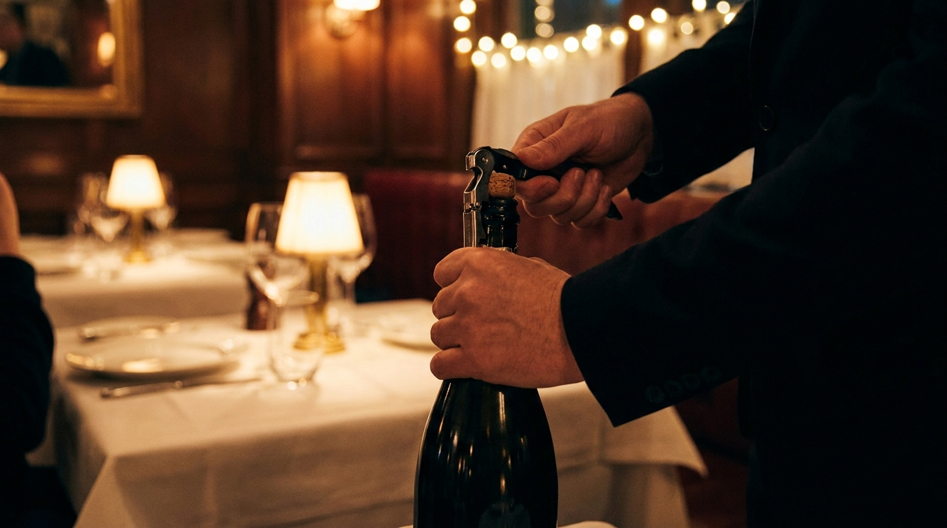 Gecontroleerde champagne-opener om de kurk van een fles in een restaurant