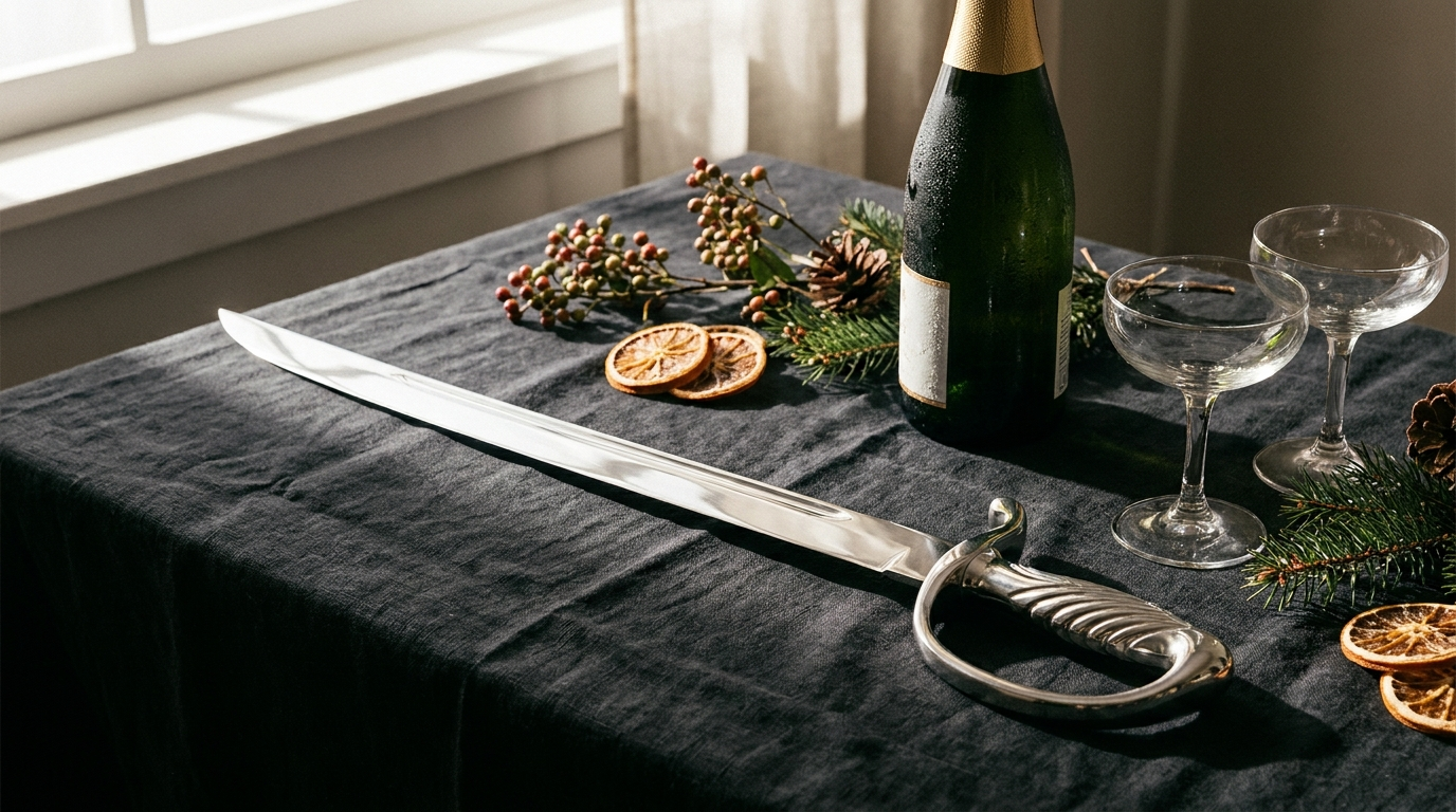 Champagnesabel op donker linnen naast een gekoelde fles champagne en twee coupes