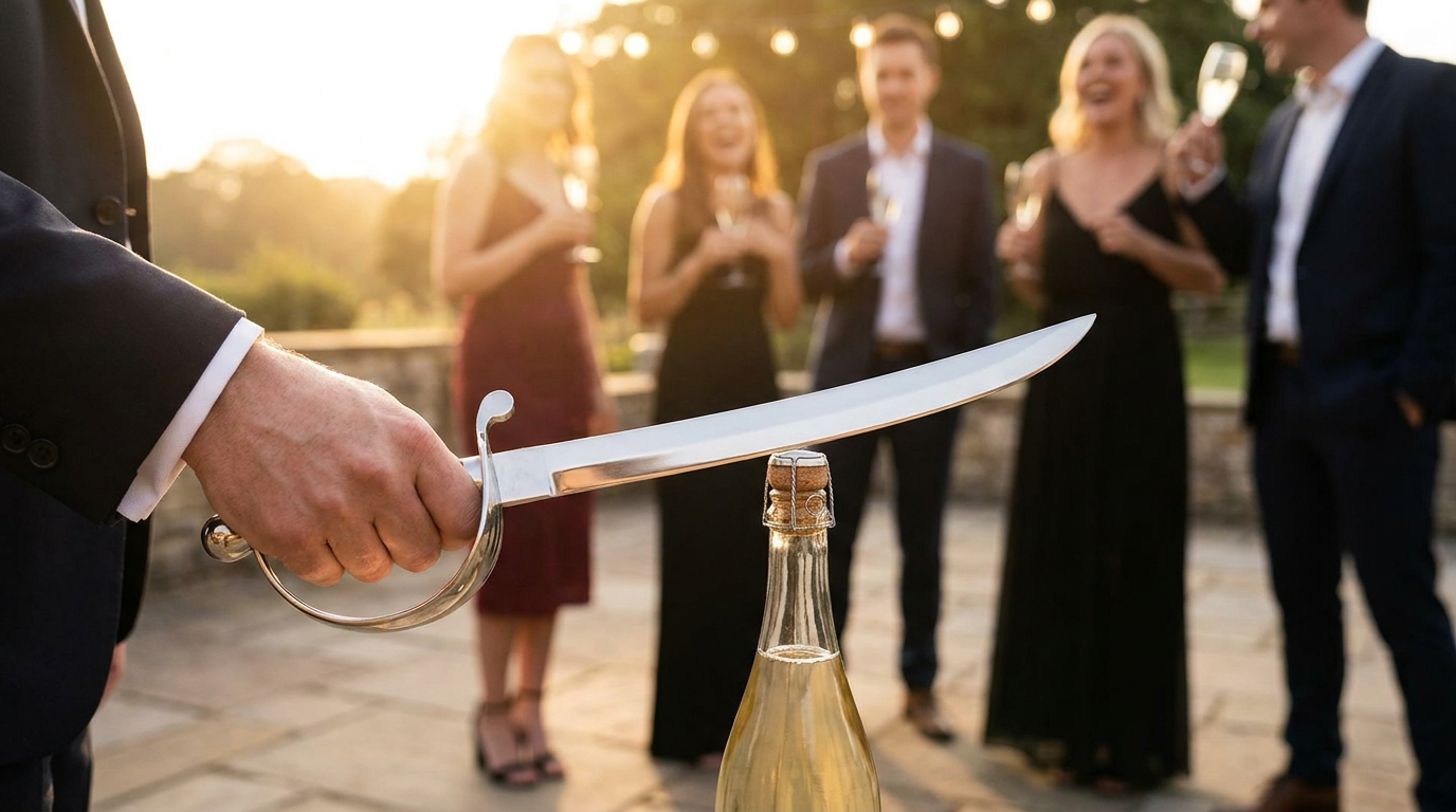 Champagnefles sabreren met een RVS sabel tijdens een feest buiten