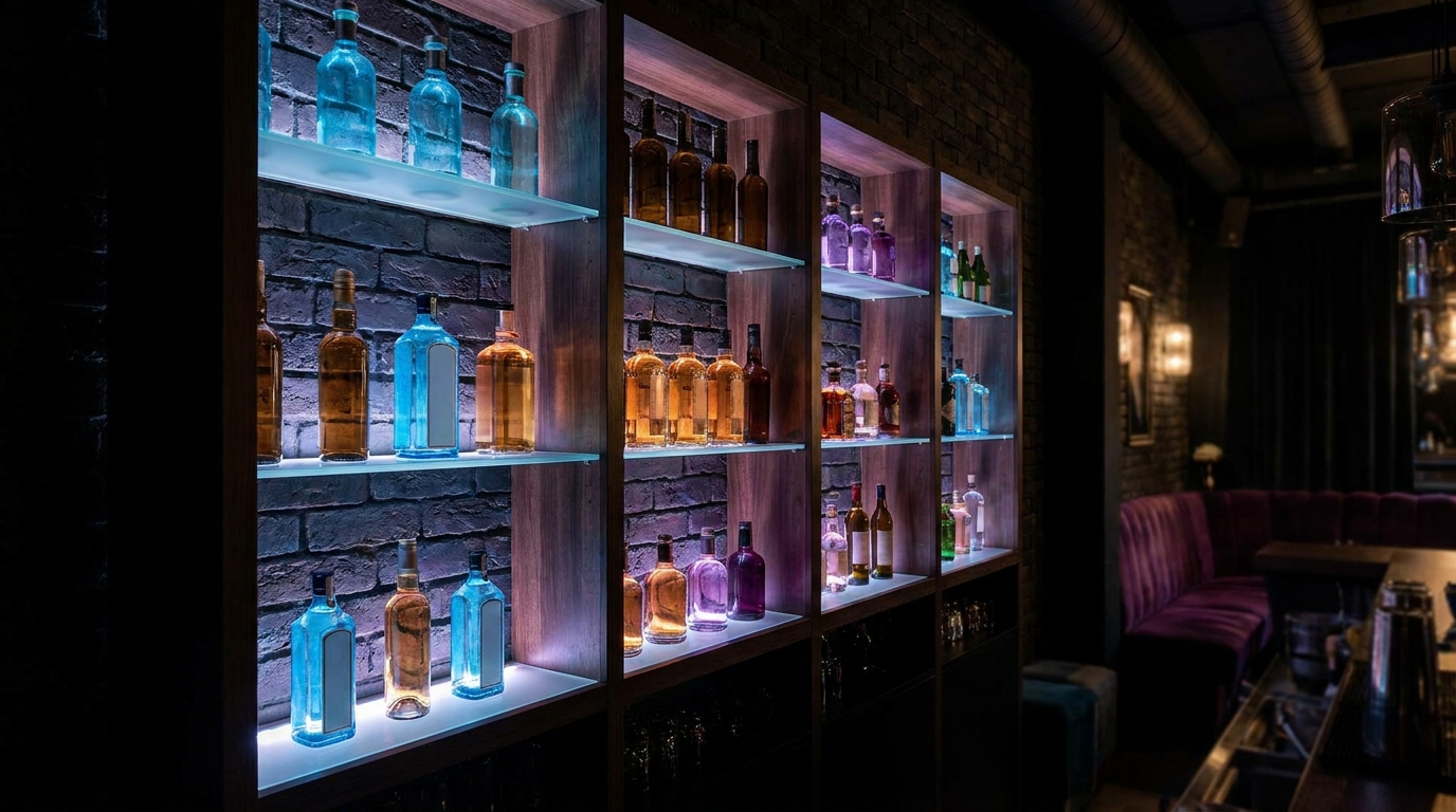 Verlichte LED flessenplank in een donkere bar met flessen die van onderaf oplichten