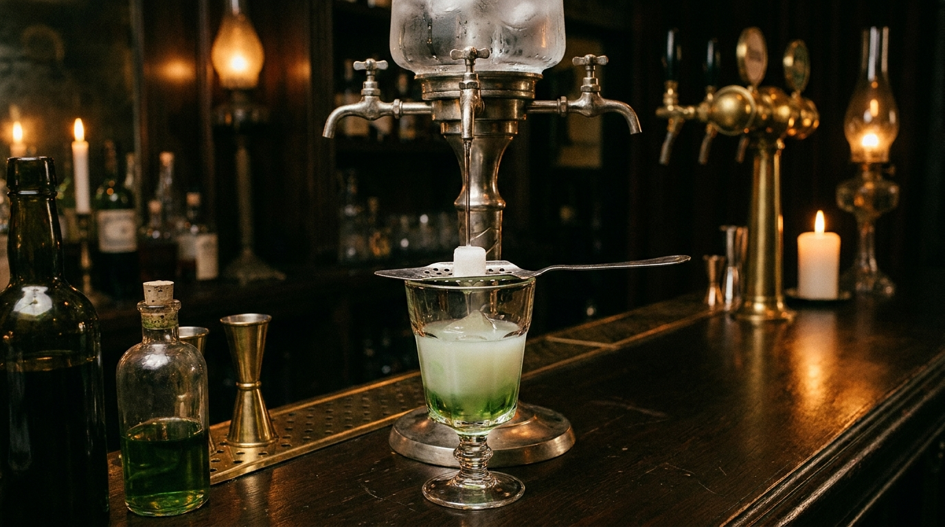 Absintritueel met geperforeerde lepel en suikerklontje terwijl ijswater uit de fontein druppelt