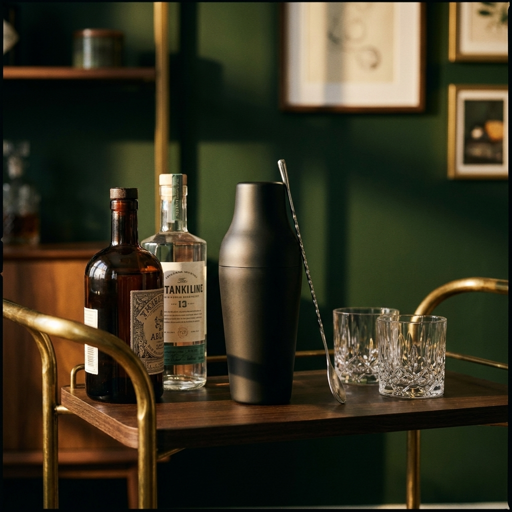 Zwarte Parisian shaker op een barkar tussen flessen en tumblers