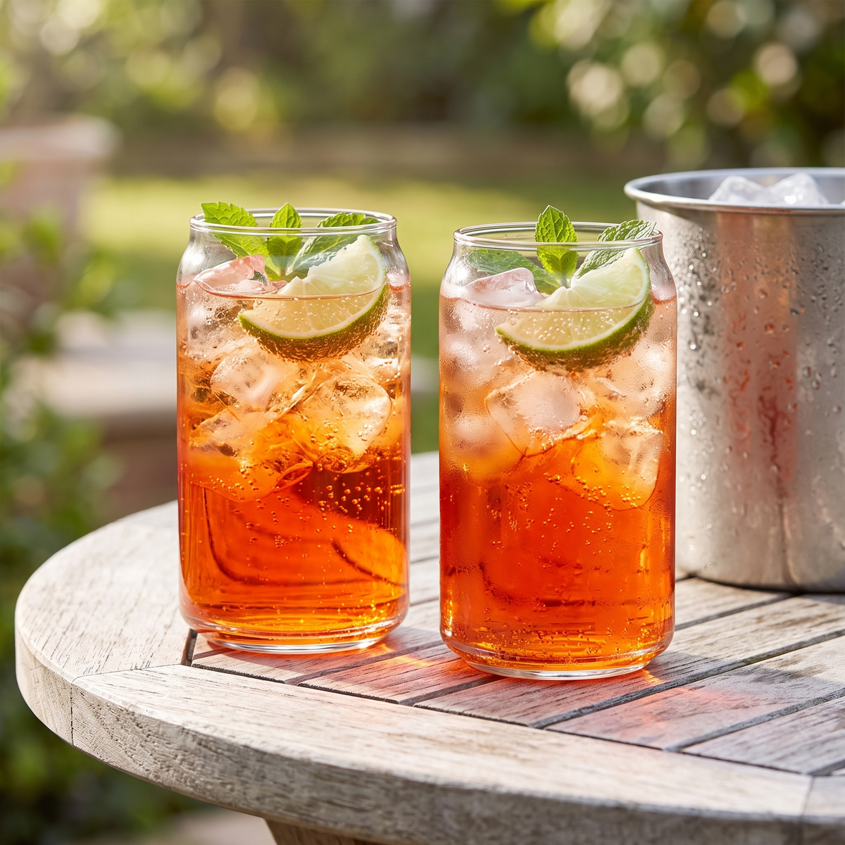 Twee Arcoroc Plain Can cocktailglazen 48 cl met spritz op een tuintafel