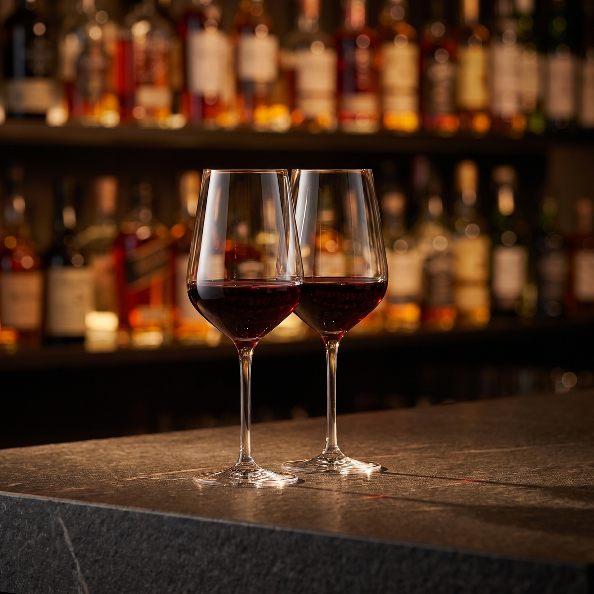 Tulip wijnglazen op een donkere bar in de avond