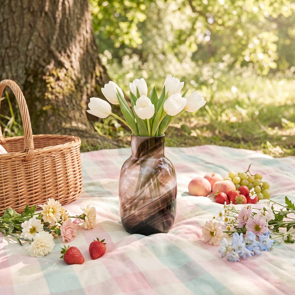 Donkere Waters vaas met tulpen op een picknickkleed