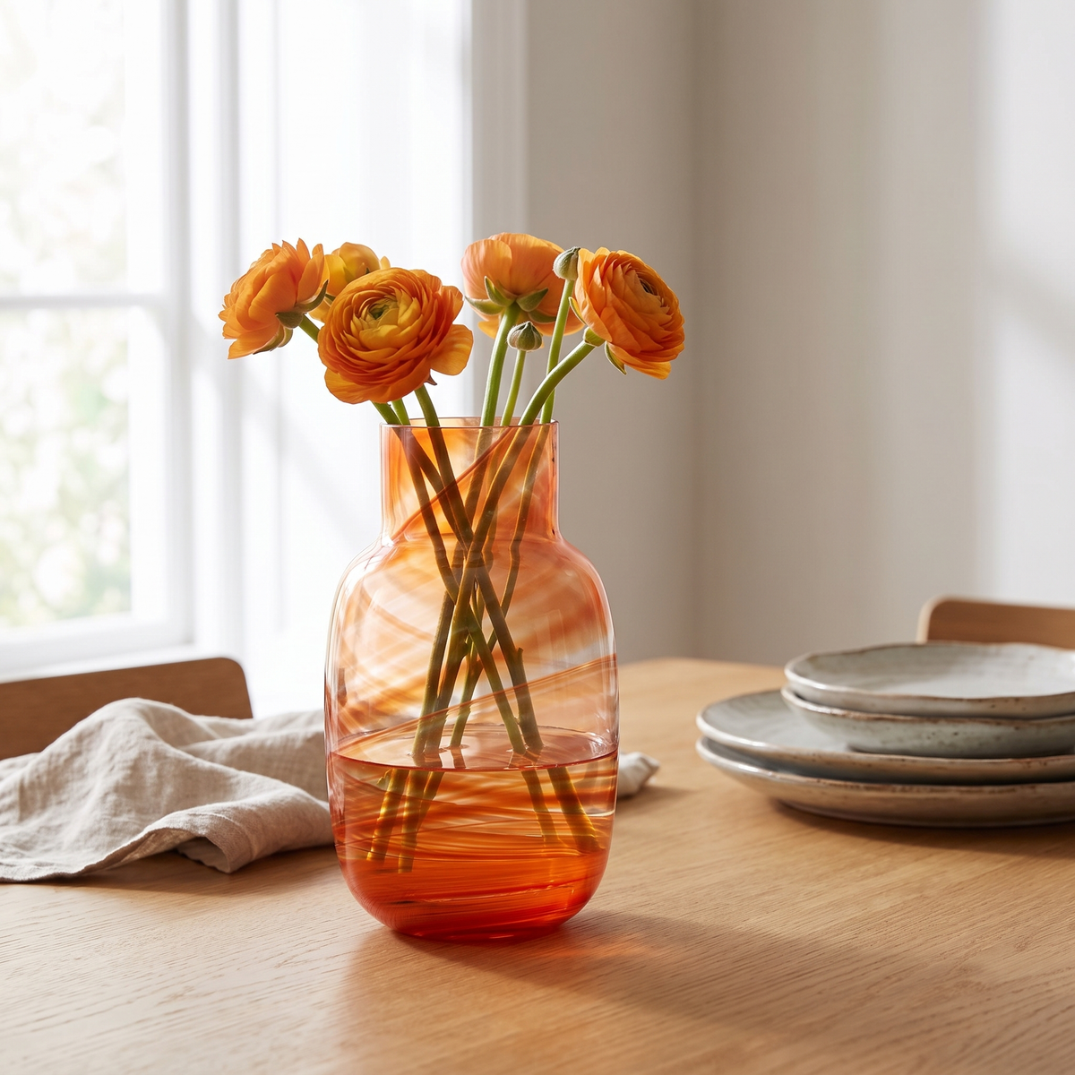 Koraal Waters vaas met oranje ranonkels op een eikenhouten tafel
