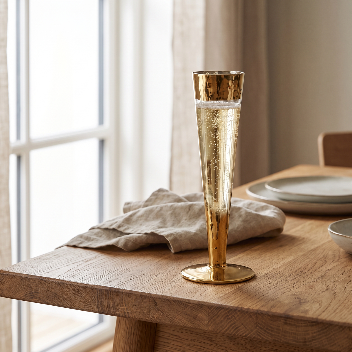 J-Line Champagneglas 15 Cl Goud met champagne op een eikenhouten eettafel
