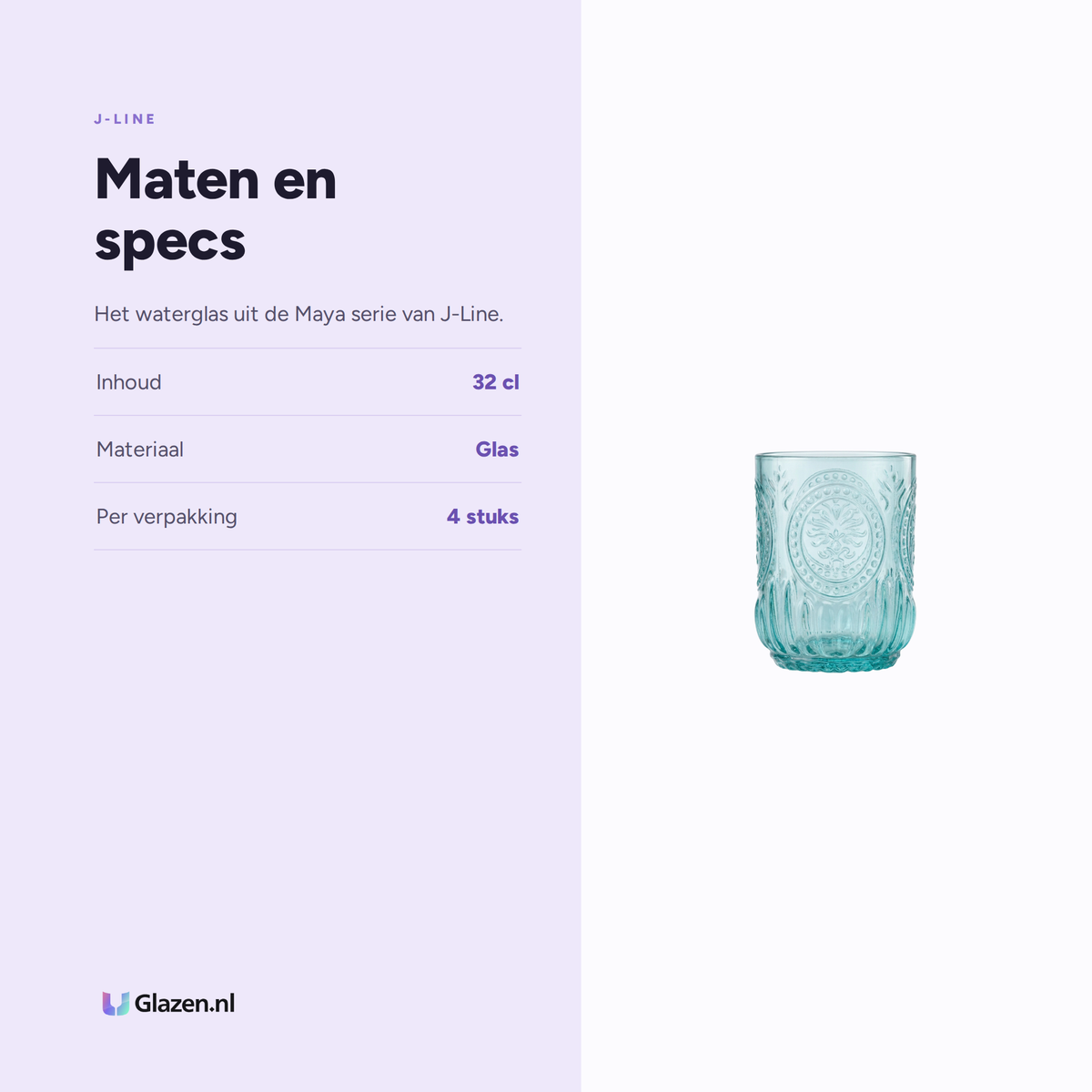 Maten en specs van J-Line Maya Waterglas 32 Cl Turquoise