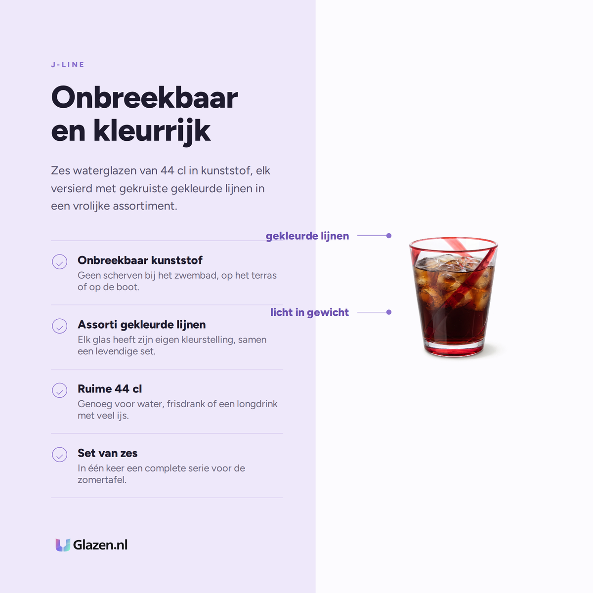 J-Line Waterglas 44 Cl Onbreekbaar Lijnen Assorti - 6 Stuks eigenschappen