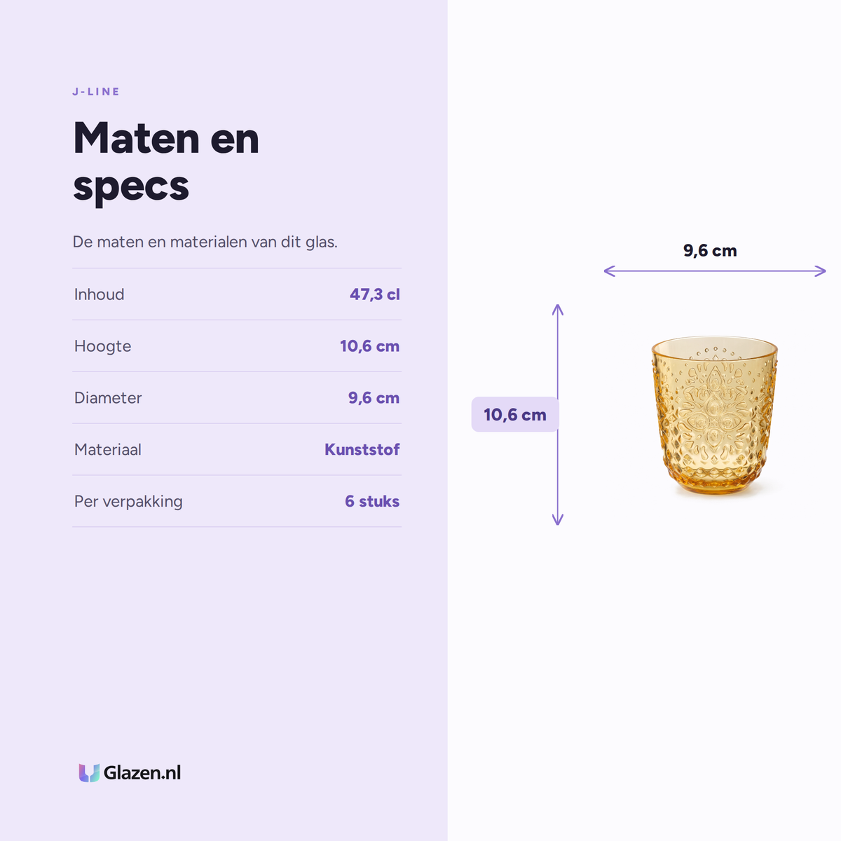 J-Line Waterglas 47,3 Cl Onbreekbaar Geel - 6 Stuks specificaties