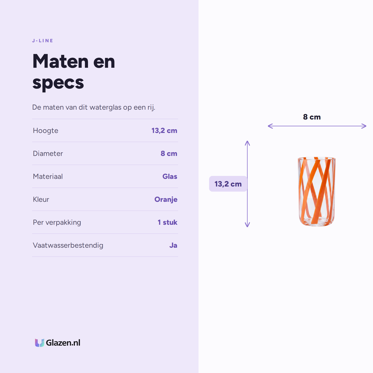 Maten en specs van de J-Line Waterglas Gestreept Transparant/Oranje