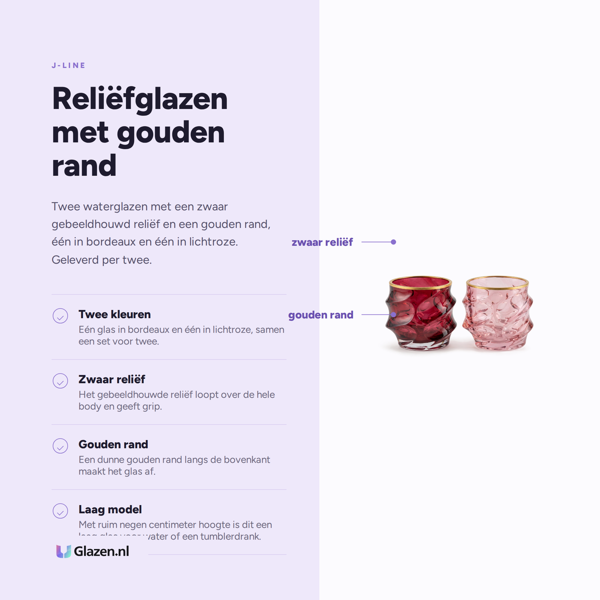 J-Line Waterglas Reliëf Gouden Rand Bordeaux/Lichtroze Assorti - 2 Stuks eigenschappen infographic