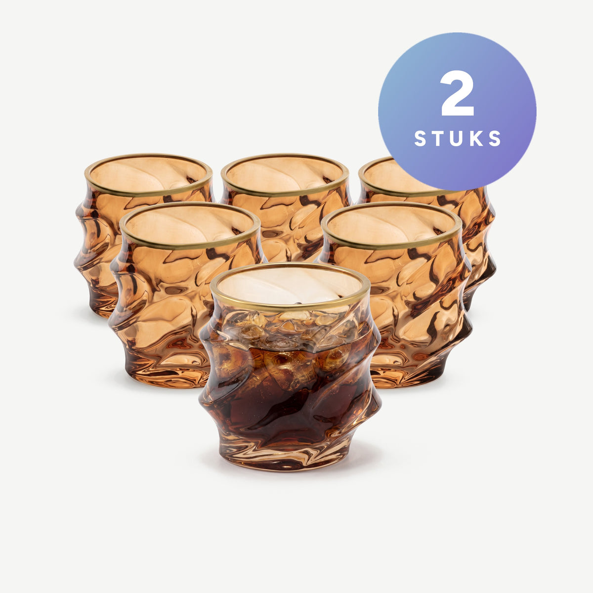 J-Line Waterglas Reliëf Gouden Rand Okergeel/Brons Assorti - 2 Stuks set van 2