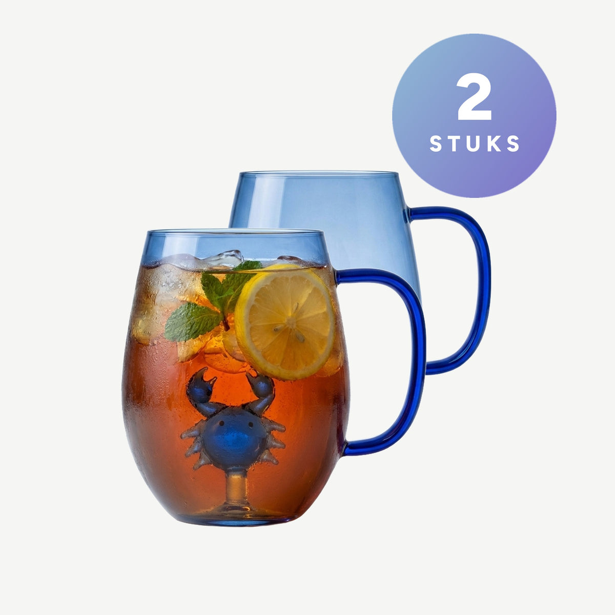 J-Line Waterglas Zeester/Krab met Oor Blauw/Transparant Assorti - 2 Stuks, setbeeld met 2 stuks