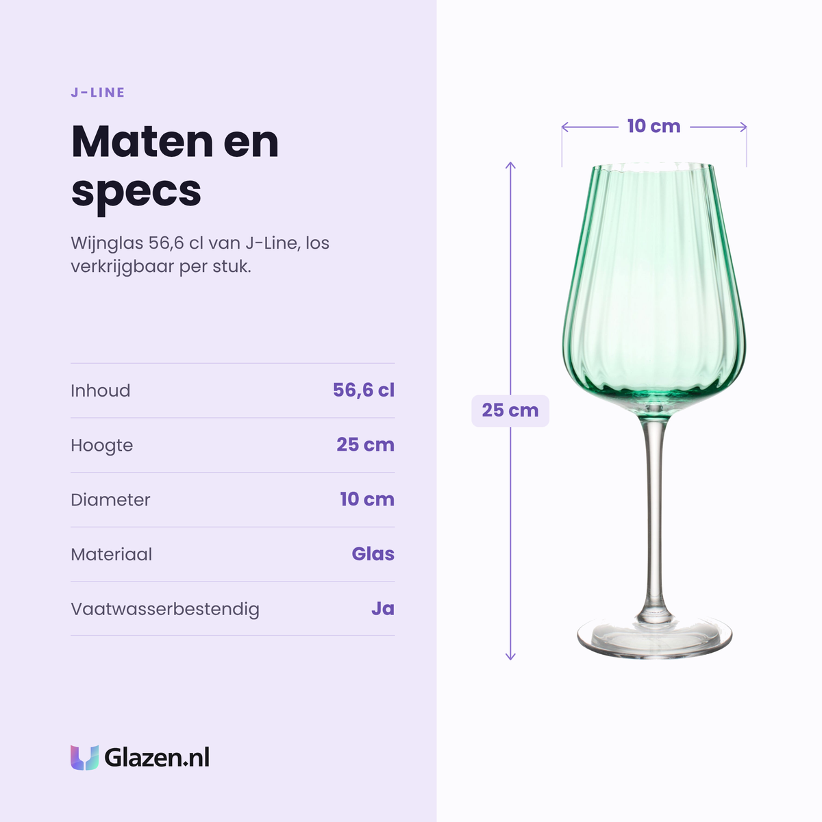 J-Line wijnglas 56,6 cl geribbeld groen specificaties: inhoud 56,6 cl, hoogte 25 cm, diameter 10 cm, glas, los per stuk