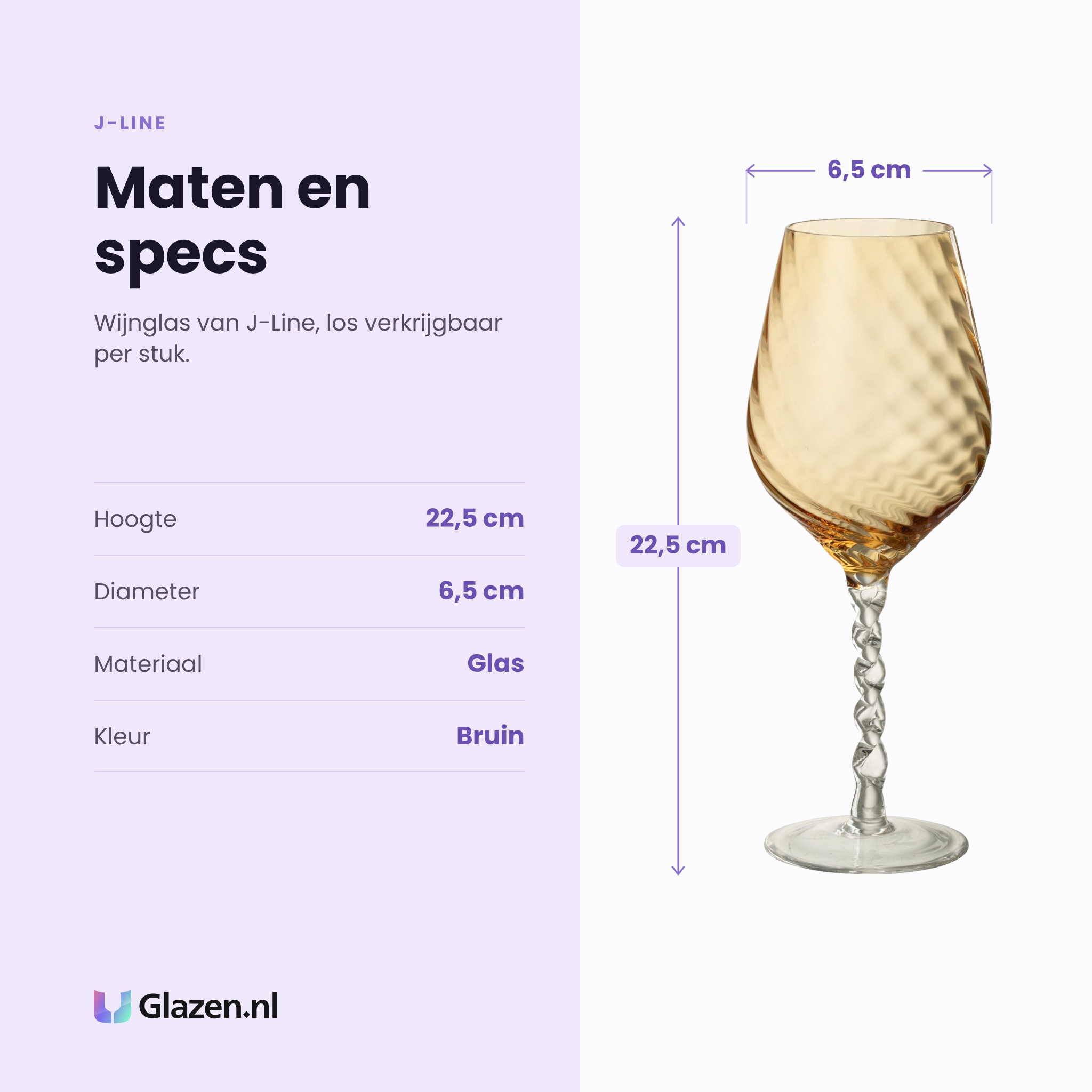 J-Line wijnglas specificaties: hoogte 22,5 cm, diameter 6,5 cm, glas, kleur bruin