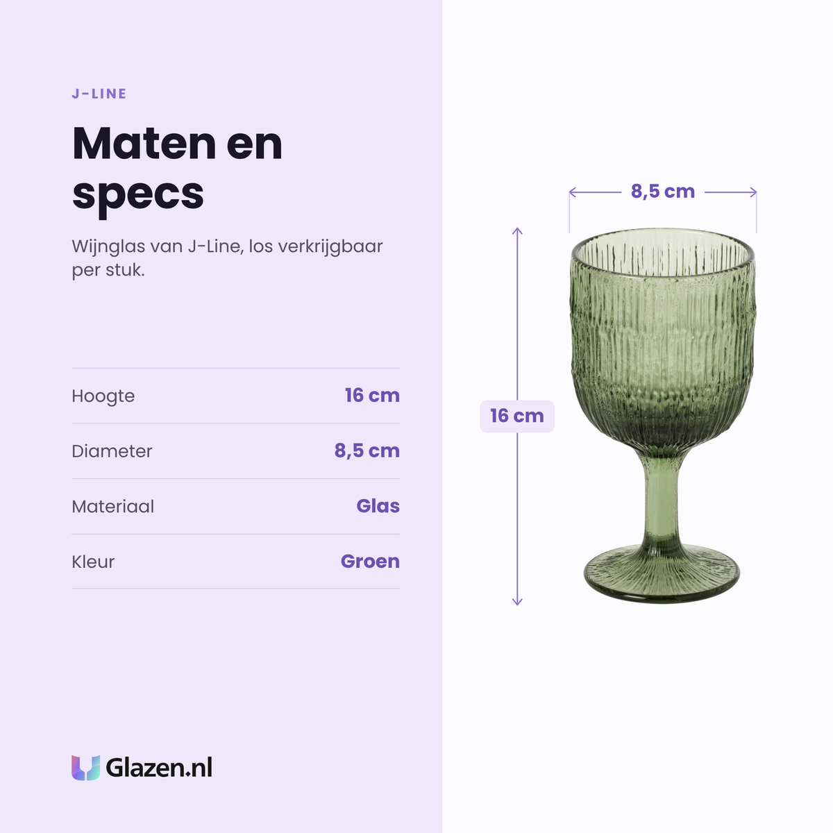 J-Line wijnglas specificaties: hoogte 16 cm, diameter 8,5 cm, glas, kleur groen