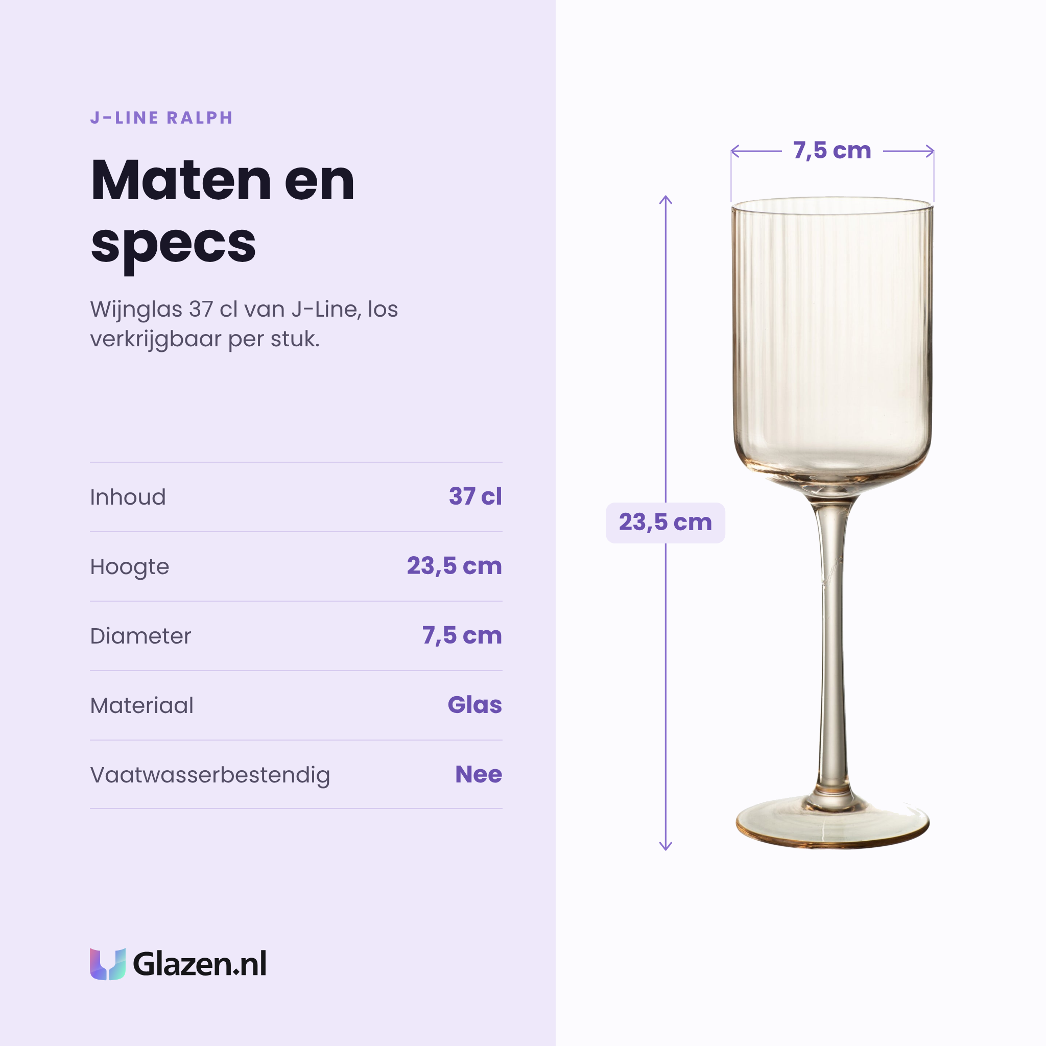 J-Line Ralph wijnglas 37 cl specificaties: inhoud 37 cl, hoogte 23,5 cm, diameter 7,5 cm, glas, niet vaatwasserbestendig