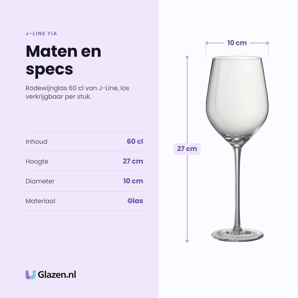 J-Line Tia rodewijnglas 60 cl specificaties: inhoud 60 cl, hoogte 27 cm, diameter 10 cm, glas, los per stuk