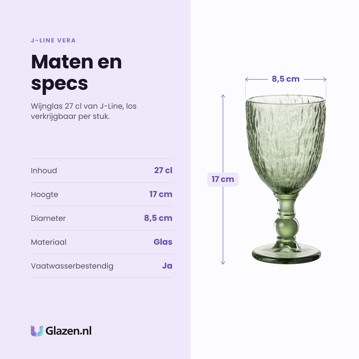 J-Line Vera wijnglas 27 cl specificaties: inhoud 27 cl, hoogte 17 cm, diameter 8,5 cm, glas, vaatwasserbestendig