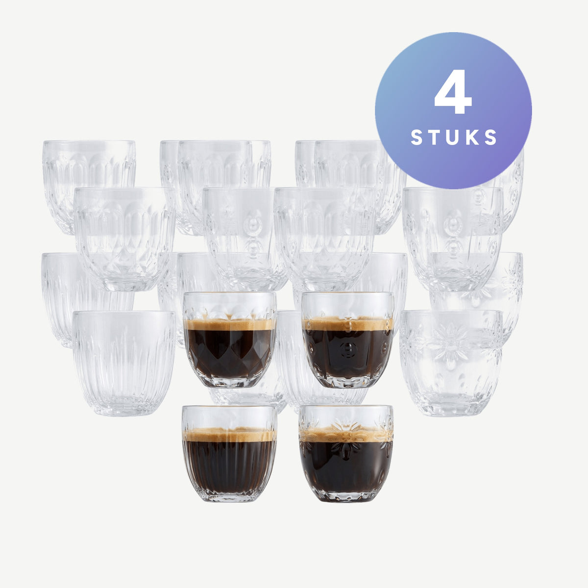 Set van 4 stuks La Rochère Abeille Espressoglas 10 cl Assorti - 4 Stuks op een gebroken witte achtergrond