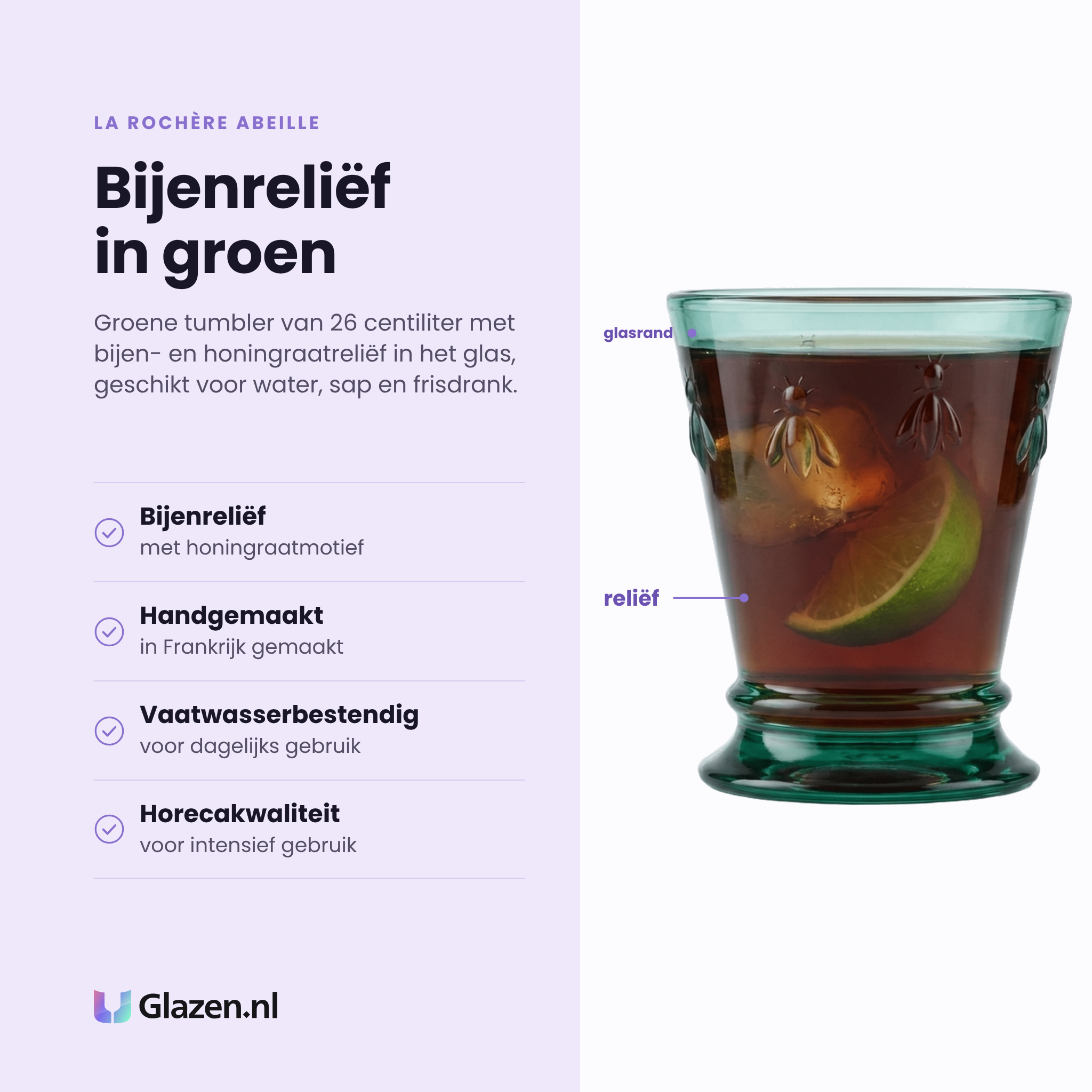 La Rochère Abeille tumbler 26 cl groen eigenschappen: bijen- en honingraatreliëf, handgemaakt in Frankrijk, vaatwasserbestendig, horecakwaliteit