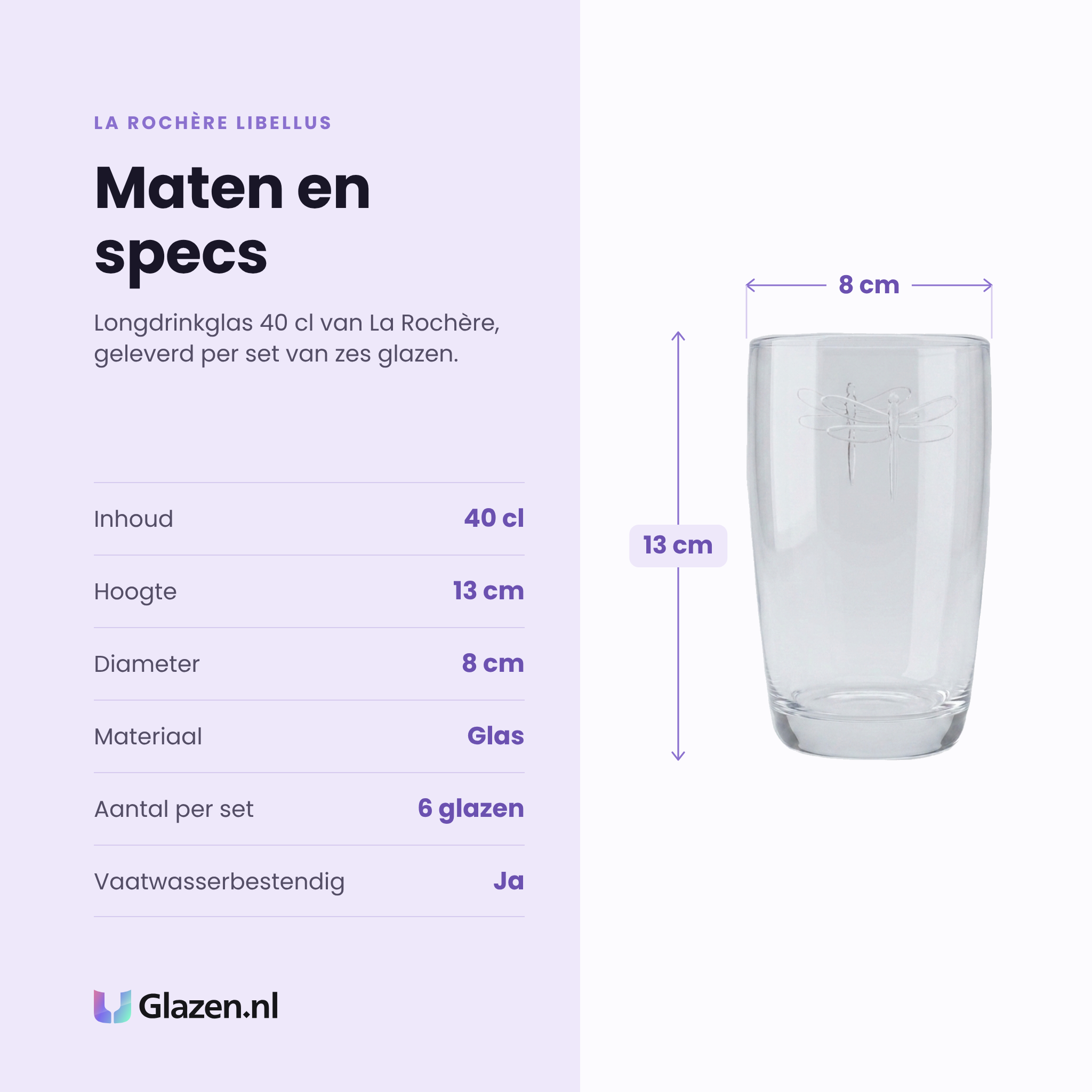 La Rochère Libellus longdrinkglas 40 cl specificaties: inhoud 40 cl, hoogte 13 cm, diameter 8 cm, glas, set van 6