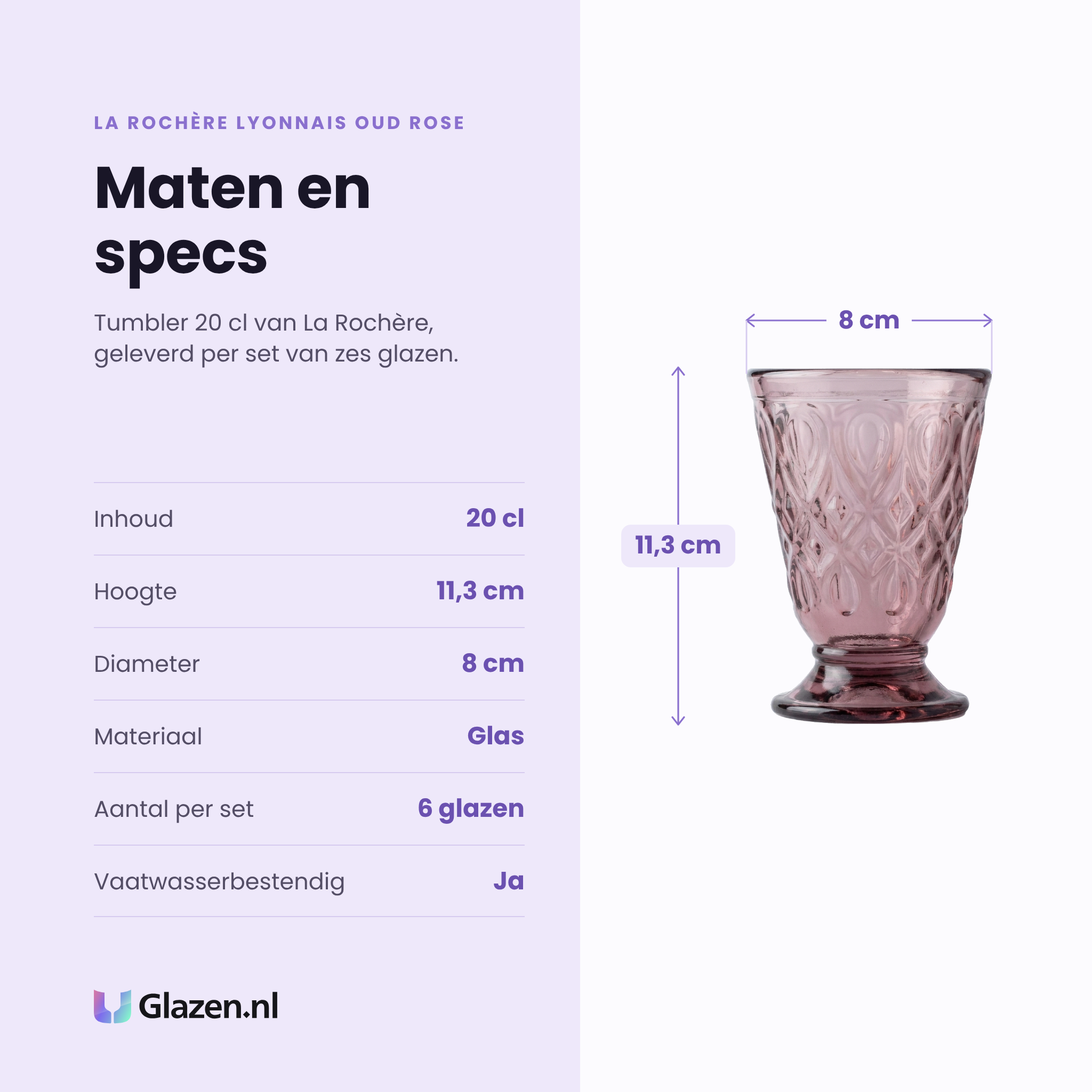 La Rochère Lyonnais tumbler 20 cl oud rose specificaties: inhoud 20 cl, hoogte 11,3 cm, diameter 8 cm, glas, set van 6