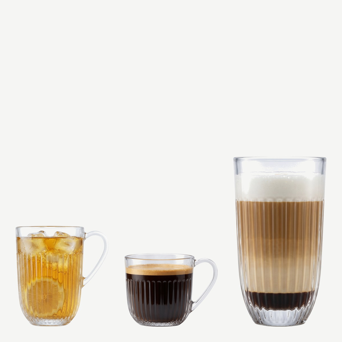 La Rochère Ouessant theeset met theeglas, koffieglas en latte macchiato glas gevuld