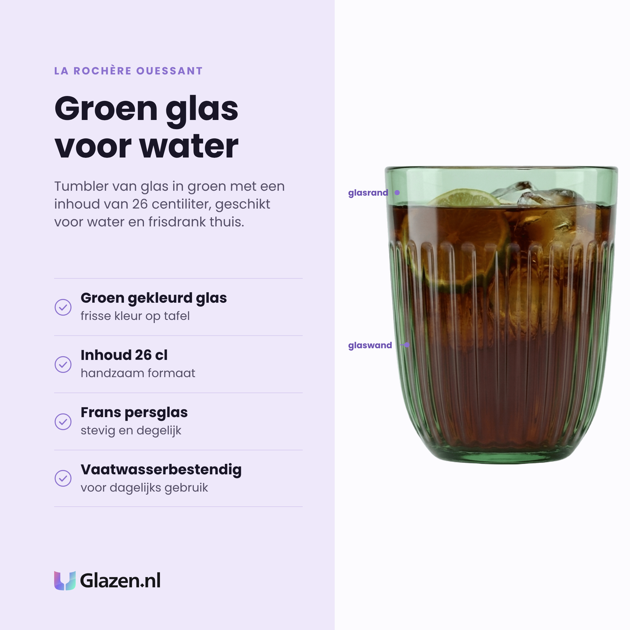 La Rochère Ouessant tumbler 26 cl groen eigenschappen: groen gekleurd glas, handzaam formaat, stevig Frans persglas, vaatwasserbestendig