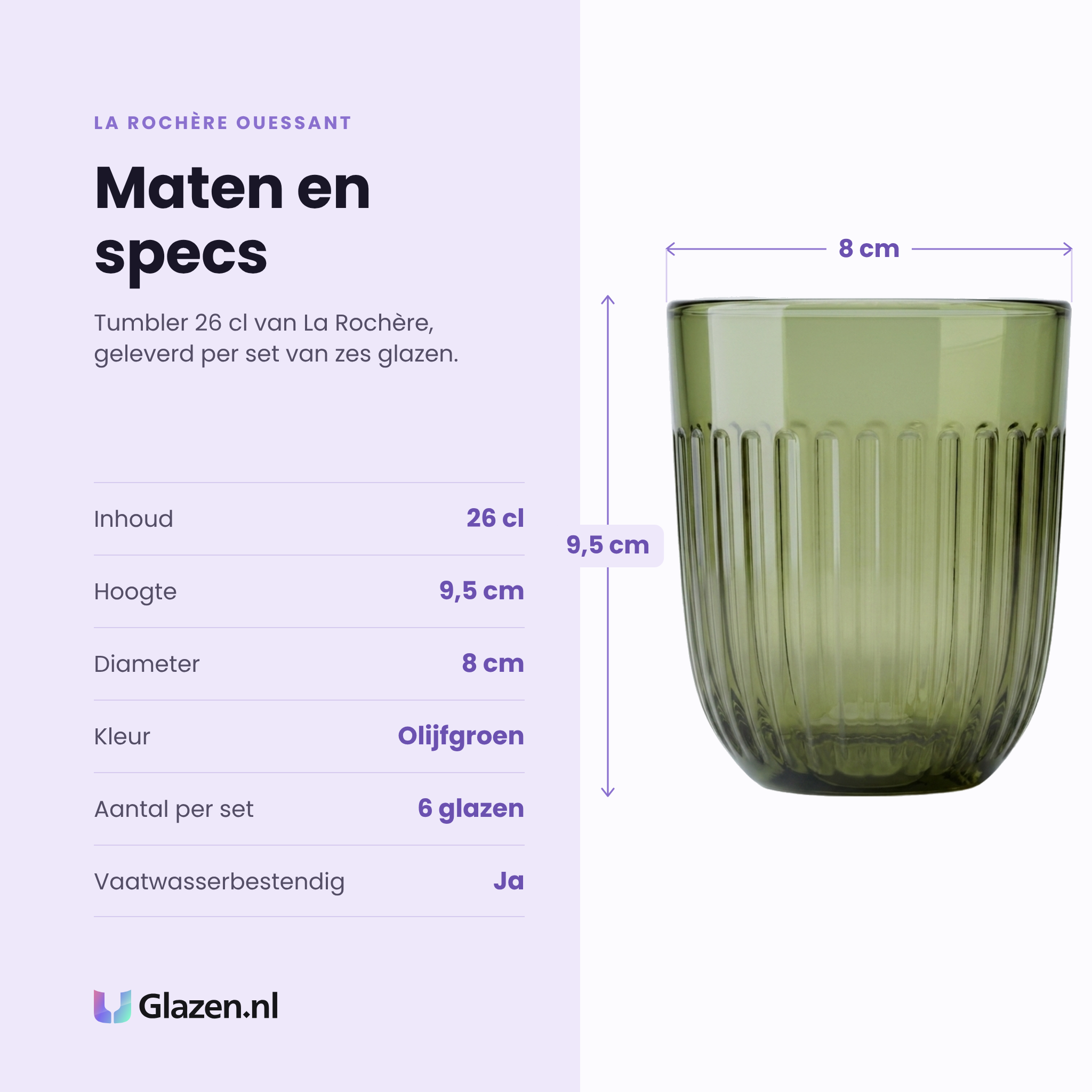 La Rochère Ouessant tumbler 26 cl olijfgroen specificaties: inhoud 26 cl, hoogte 9,5 cm, diameter 8 cm, olijfgroen, set van 6