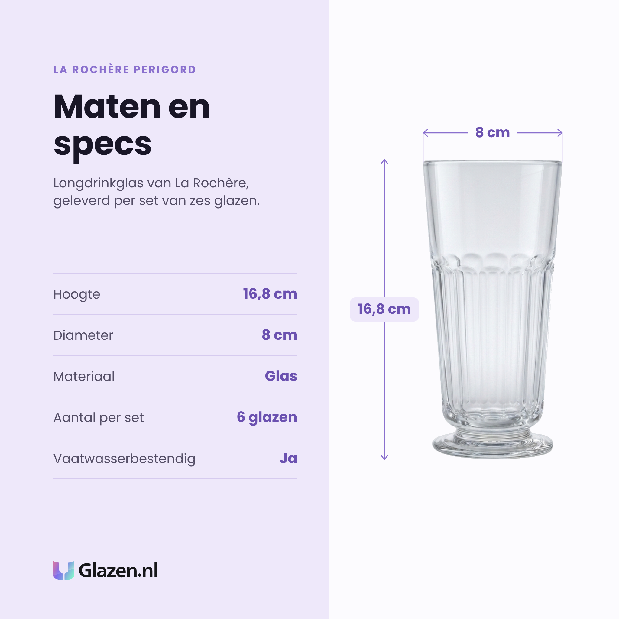La Rochère Perigord longdrinkglas specificaties: hoogte 16,8 cm, diameter 8 cm, glas, set van 6