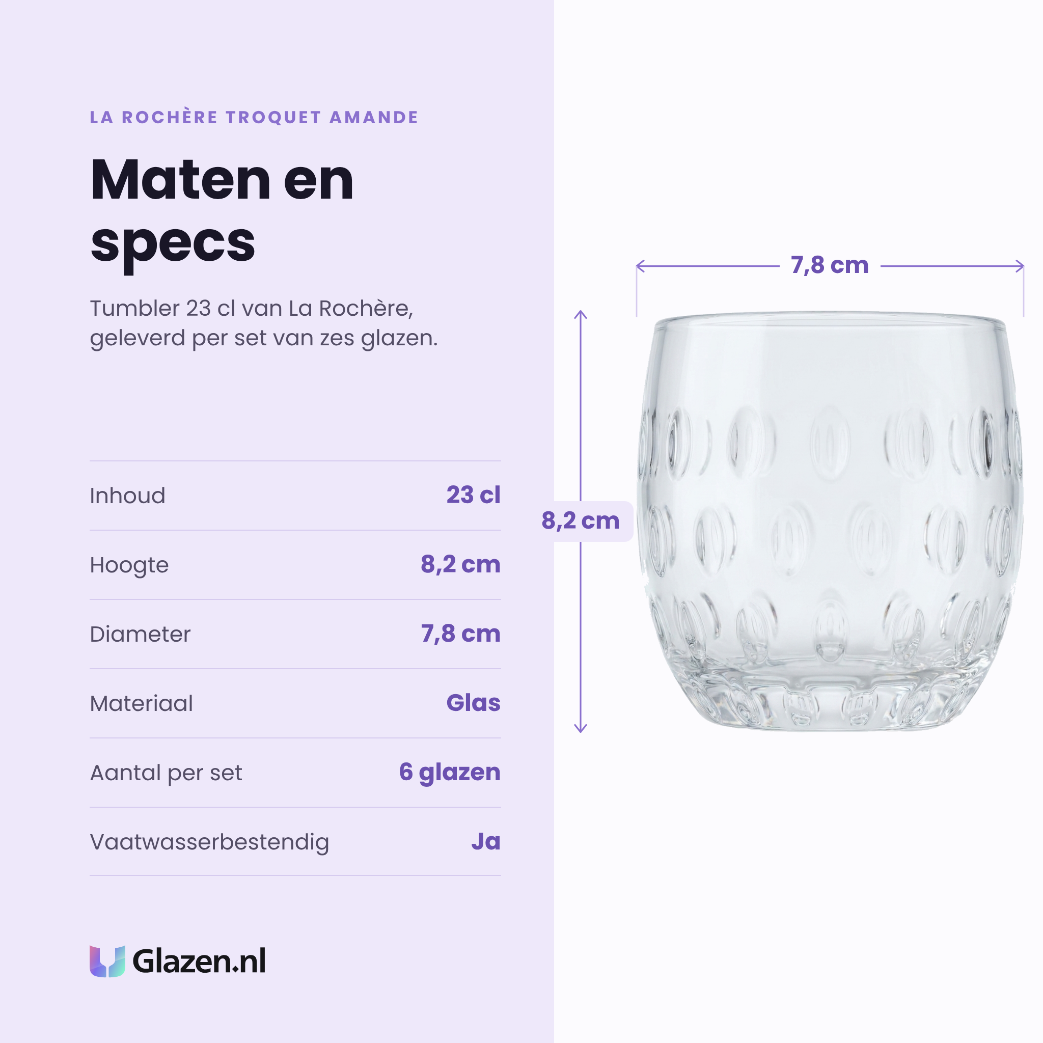 La Rochère Troquet Amande tumbler 23 cl specificaties: inhoud 23 cl, hoogte 8,2 cm, diameter 7,8 cm, glas, set van 6