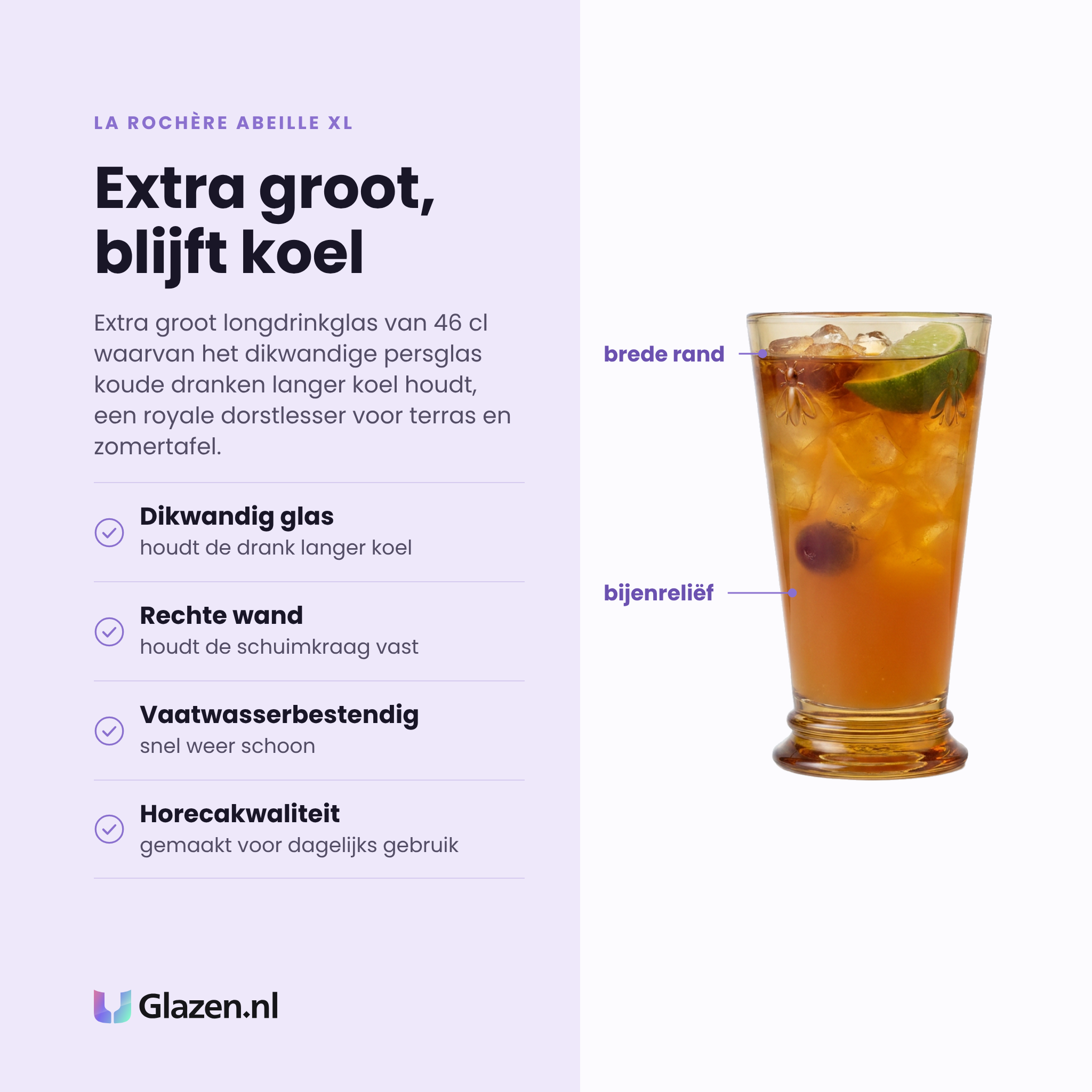 La Rochère Abeille XL longdrinkglas 46 cl eigenschappen: dikwandig glas houdt koel, bijenreliëf, vaatwasserbestendig, horecakwaliteit