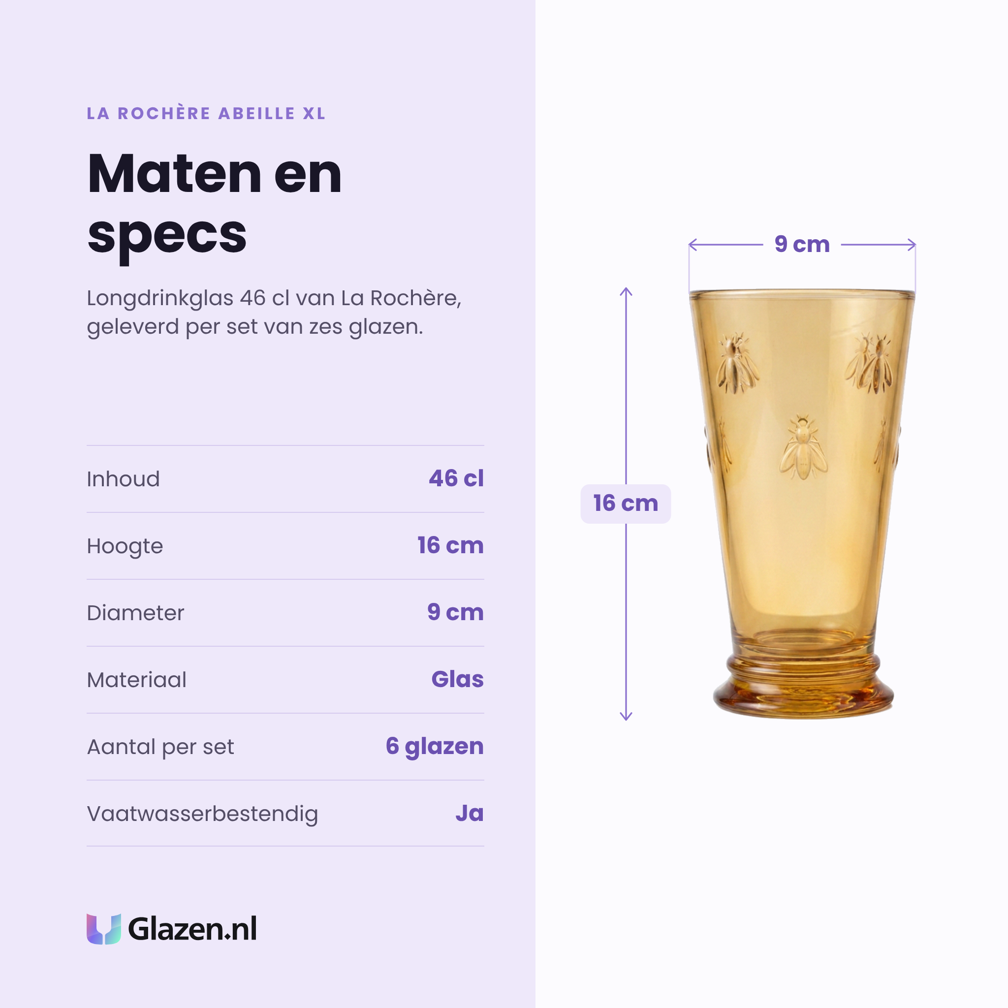 La Rochère Abeille XL longdrinkglas 46 cl specificaties: inhoud 46 cl, hoogte 16 cm, diameter 9 cm, glas, set van 6