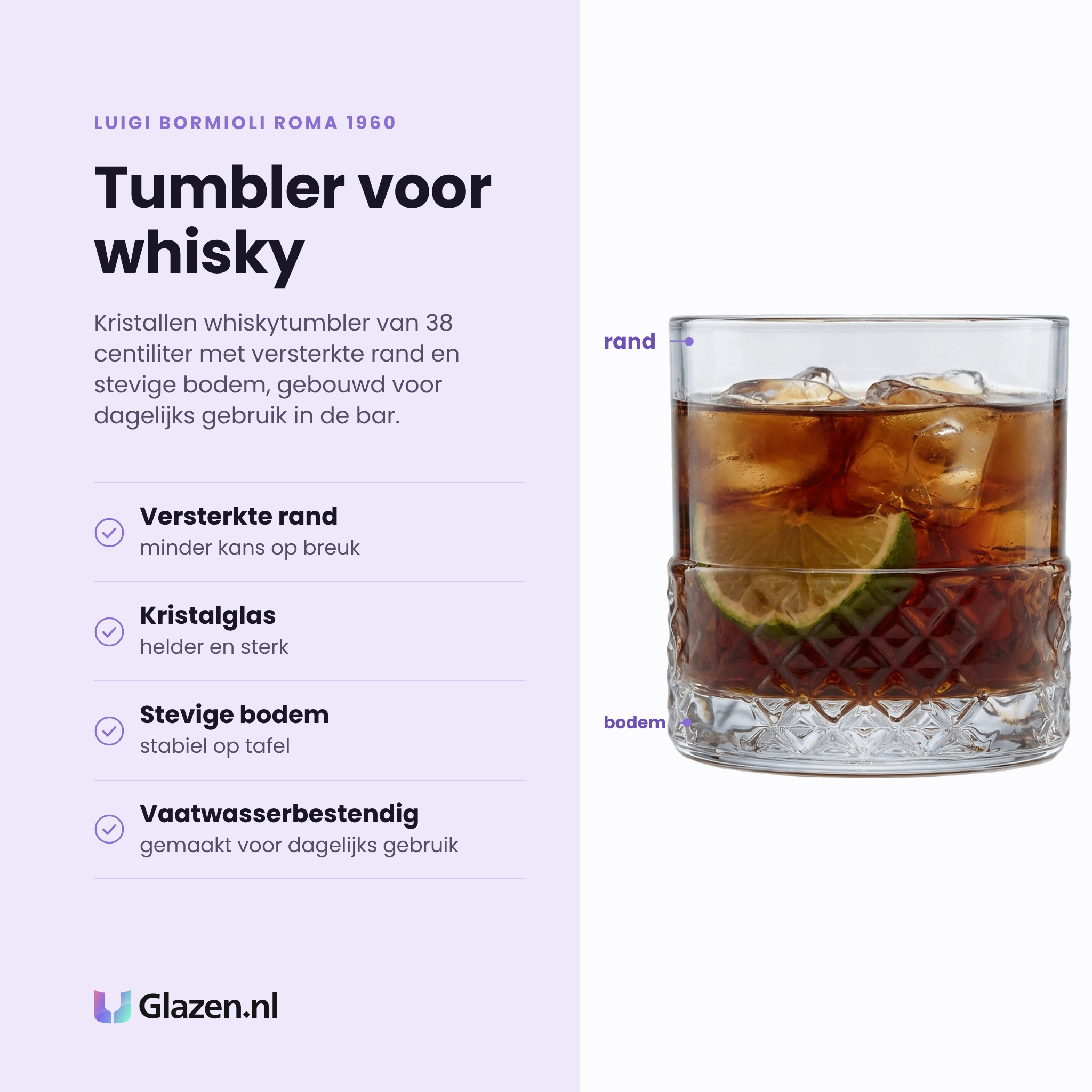 Luigi Bormioli Roma 1960 whiskytumbler 38 cl eigenschappen: versterkte rand, kristalglas, stevige bodem, vaatwasserbestendig