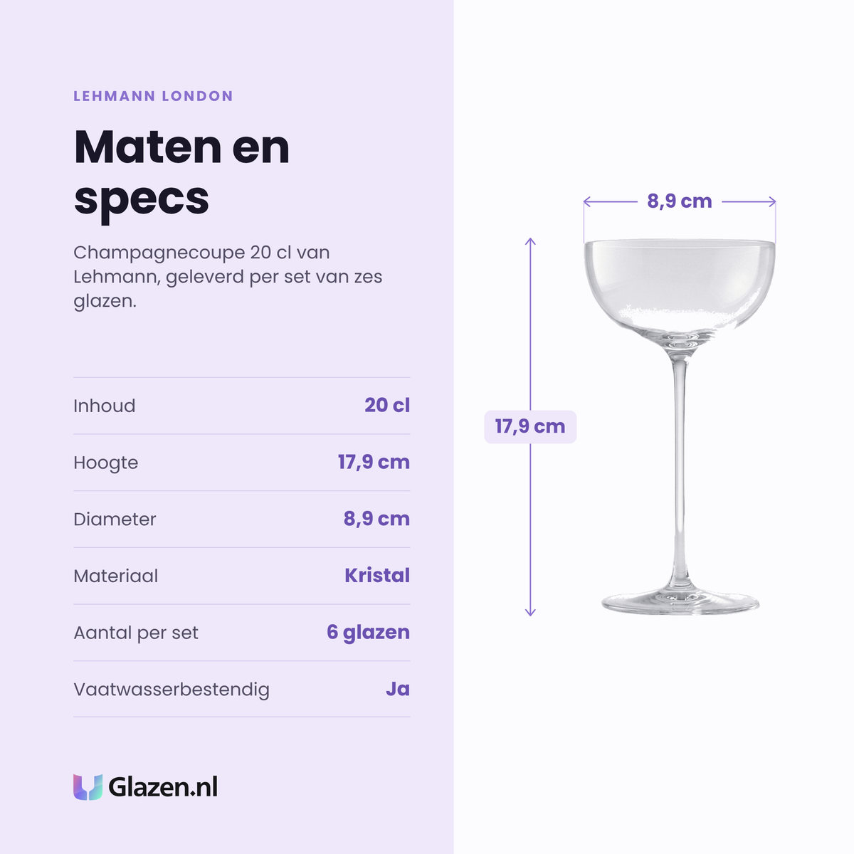 Lehmann London champagnecoupe 20 cl specificaties: inhoud 20 cl, hoogte 17,9 cm, diameter 8,9 cm, kristal, set van 6