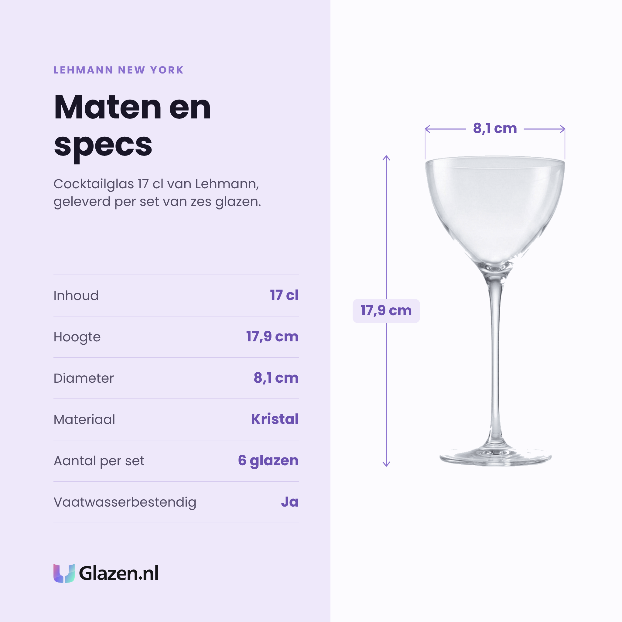 Lehmann New York cocktailglas 17 cl specificaties: inhoud 17 cl, hoogte 17,9 cm, diameter 8,1 cm, kristal, set van 6