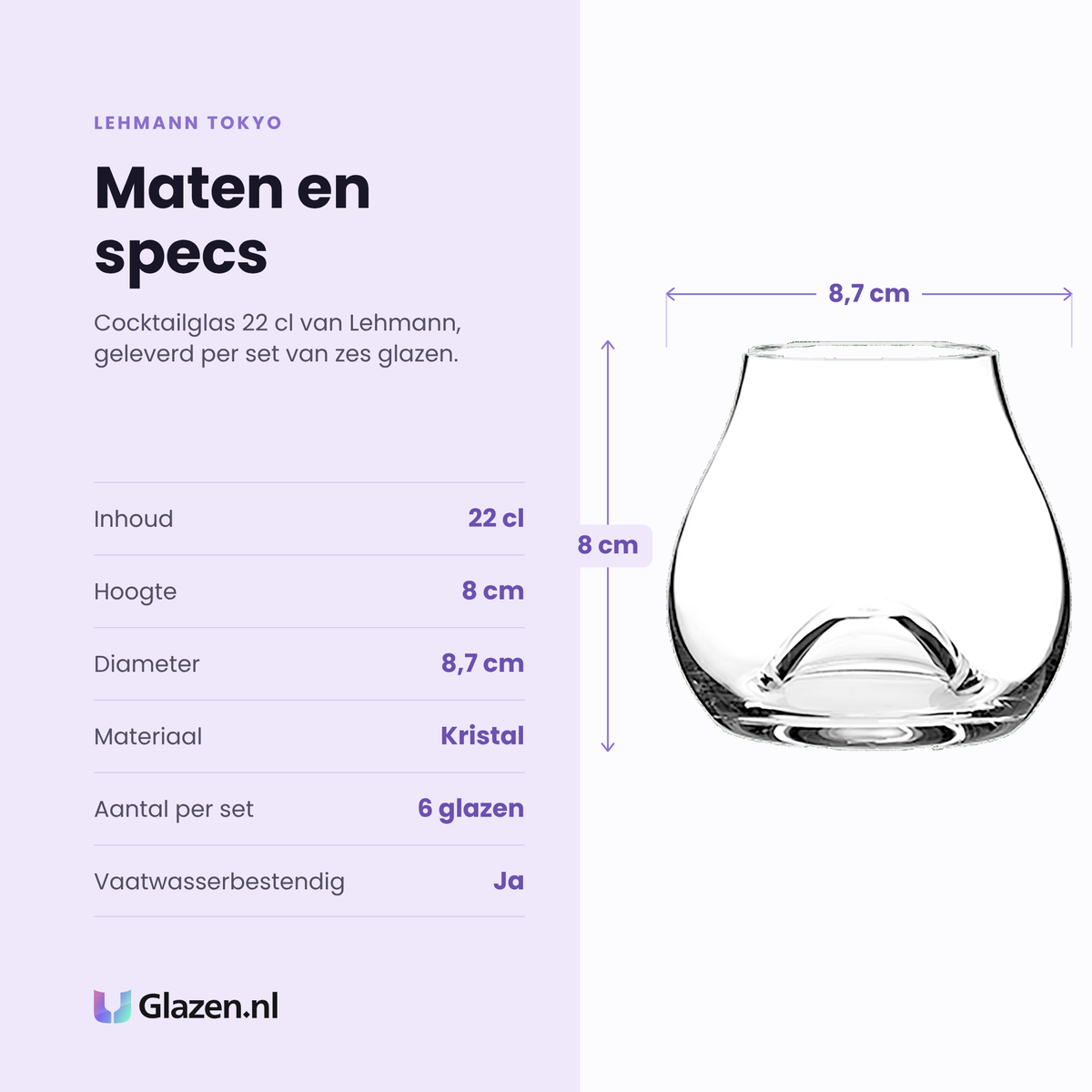 Lehmann Tokyo cocktailglas 22 cl specificaties: inhoud 22 cl, hoogte 8 cm, diameter 8,7 cm, kristal, set van 6