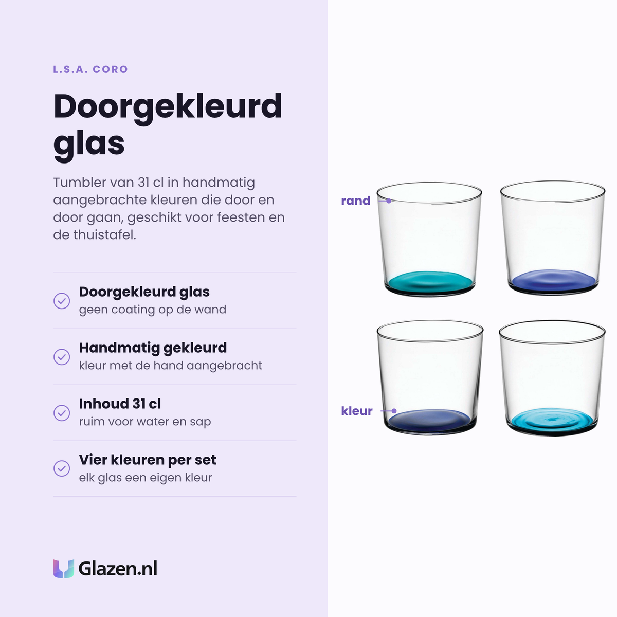 L.S.A. Coro tumbler 31 cl eigenschappen: doorgekleurd glas, handmatig gekleurd, geen coating, vier kleuren per set