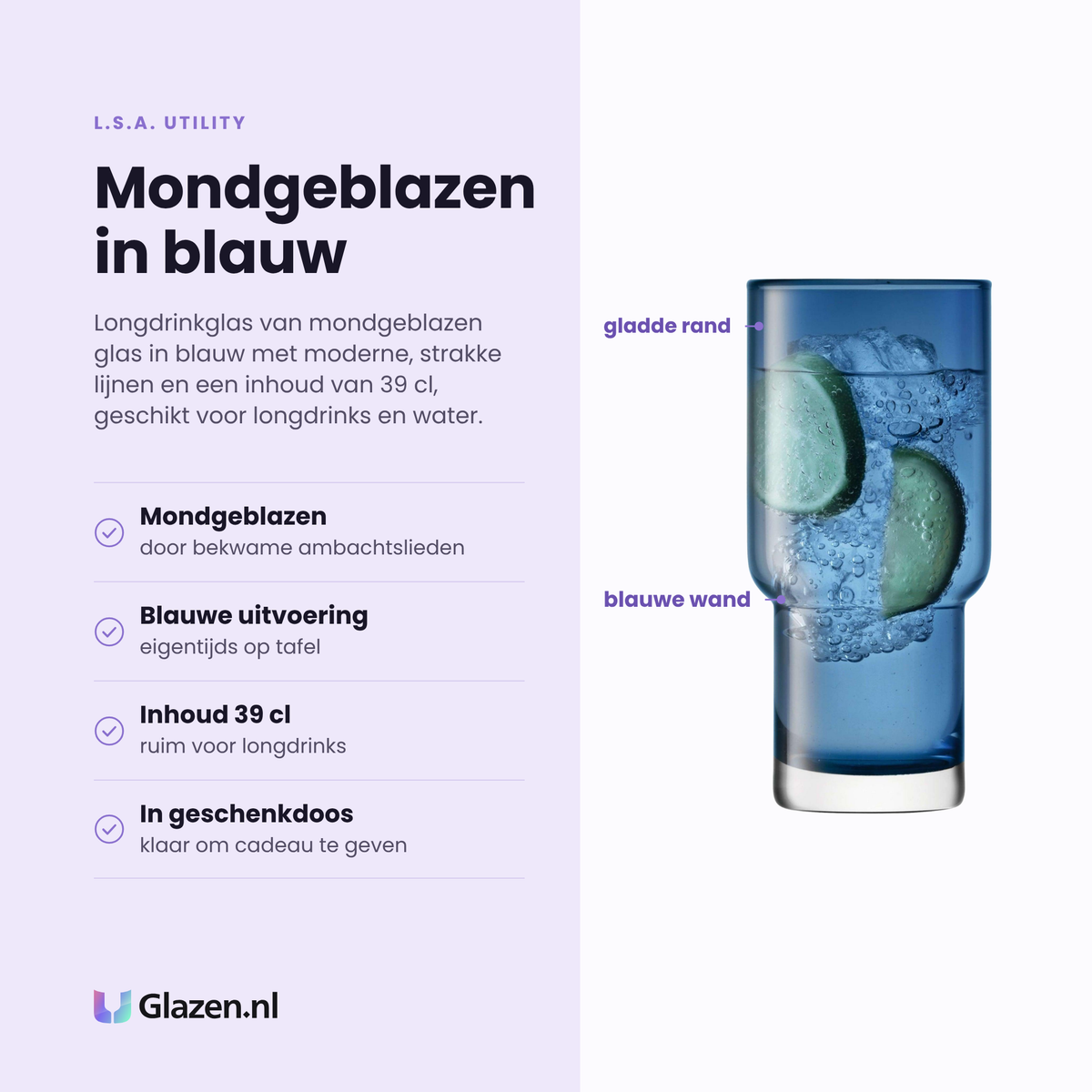 L.S.A. Utility longdrinkglas 39 cl eigenschappen: mondgeblazen, blauwe uitvoering, inhoud 39 cl, geleverd in geschenkdoos