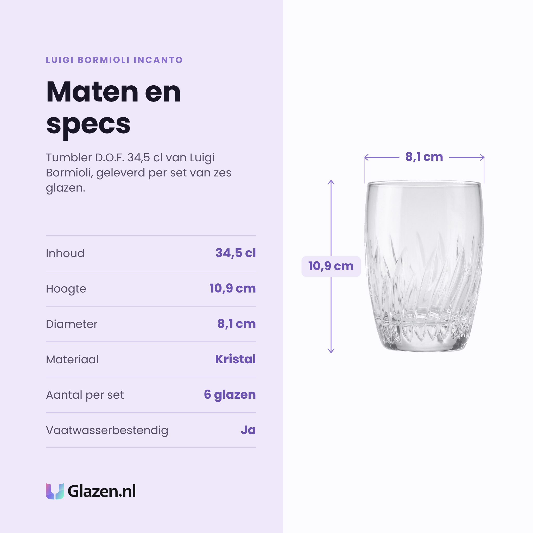 Luigi Bormioli Incanto tumbler D.O.F. 34,5 cl specificaties: inhoud 34,5 cl, hoogte 10,9 cm, diameter 8,1 cm, kristal, set van 6